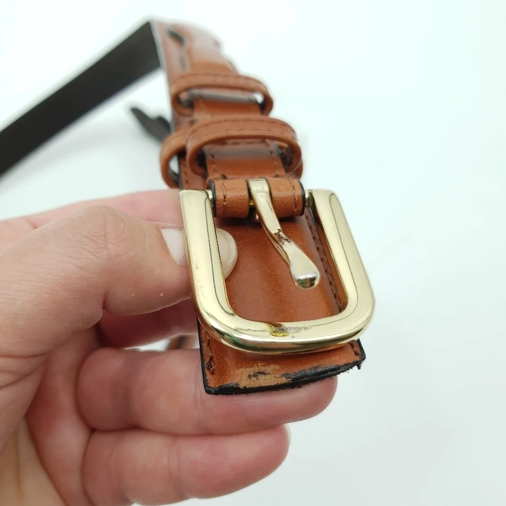 Cabela's Cognac Tan Leather Full Grain Cowhide Belt Gold Tone Buckle Size 42 - Picture 5 of 8